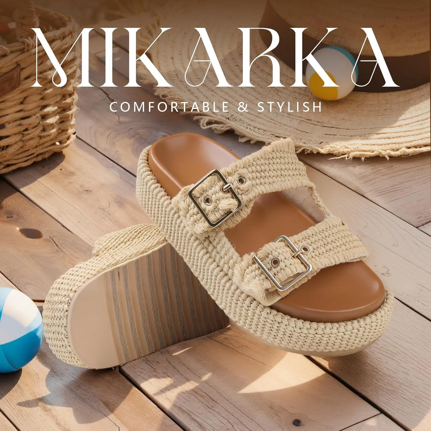 mikarka Raffia Platform Sandals for Women 2025: Resort Womens Sandals Comfortable - Summer Beach Sandals Buckle Straps Espadrilles Flatform Slides Mules