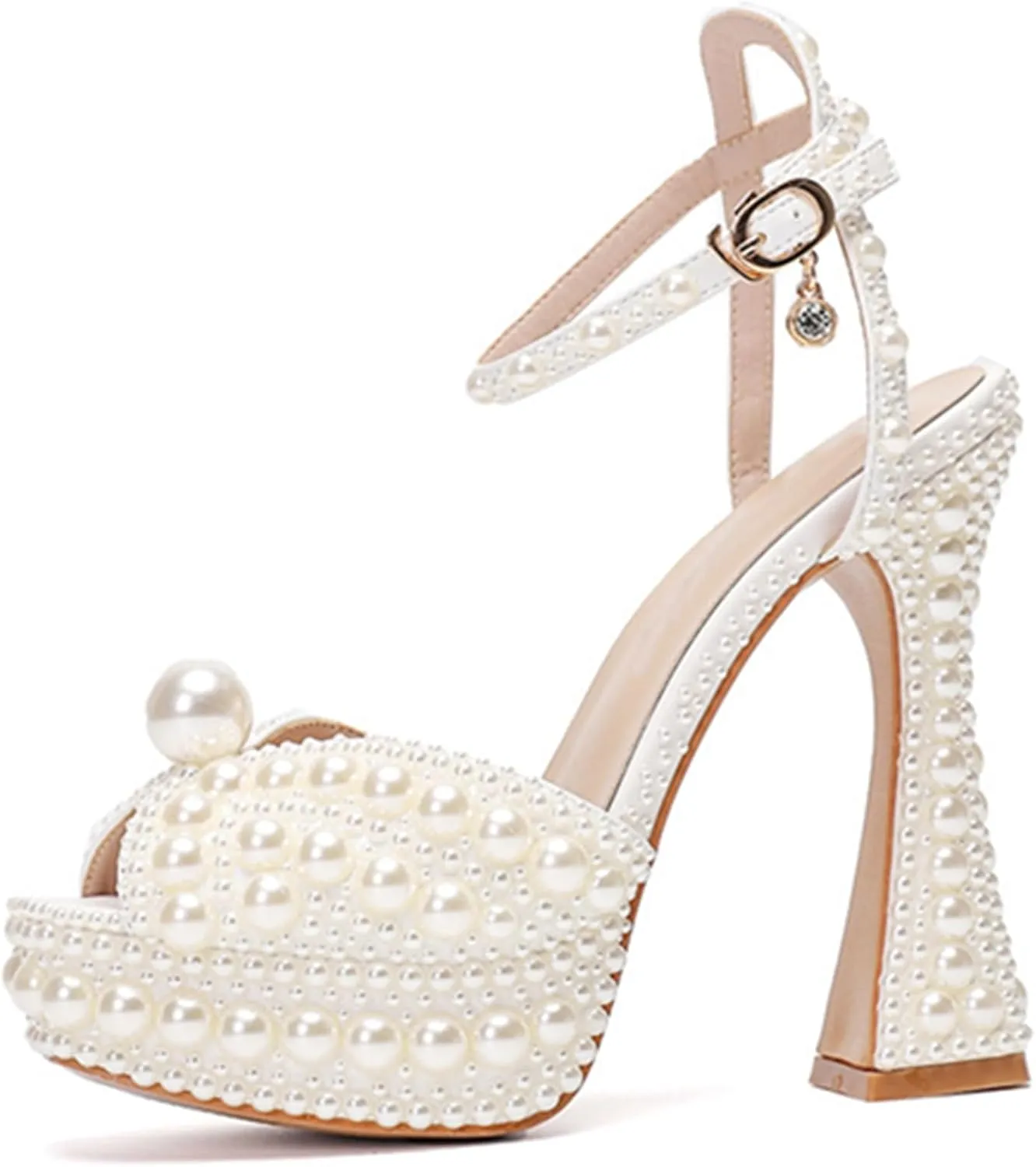 Minishion Womens Platform Wedding Shoes Slingback High Heel Party Evening Sandals with Pearl