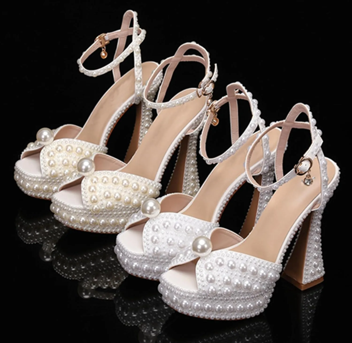 Minishion Womens Platform Wedding Shoes Slingback High Heel Party Evening Sandals with Pearl