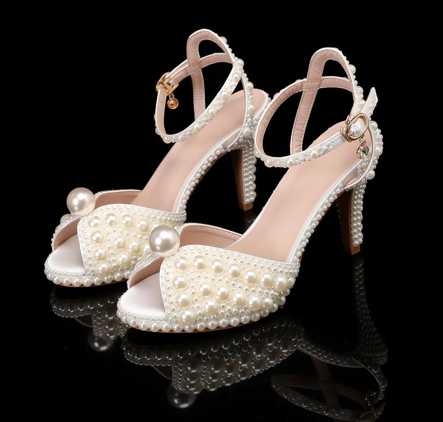 Minishion Womens Platform Wedding Shoes Slingback High Heel Party Evening Sandals with Pearl