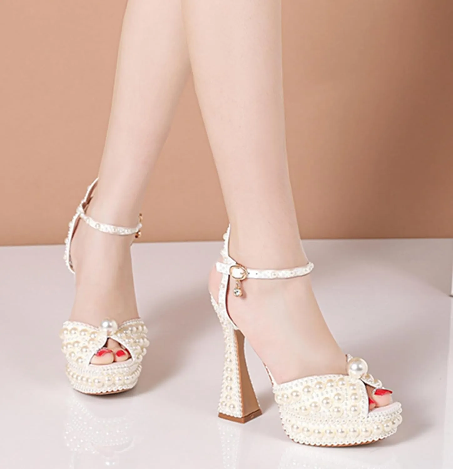 Minishion Womens Platform Wedding Shoes Slingback High Heel Party Evening Sandals with Pearl