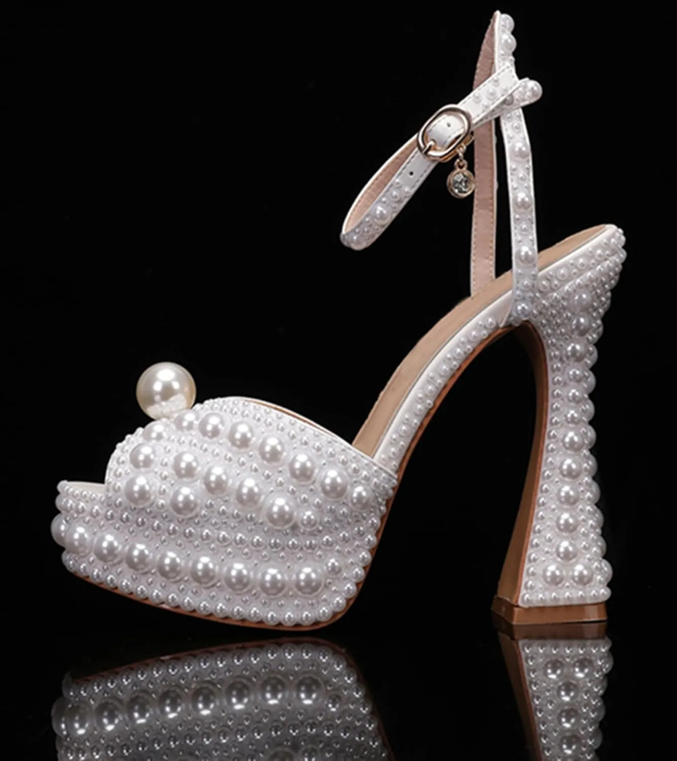 Minishion Womens Platform Wedding Shoes Slingback High Heel Party Evening Sandals with Pearl