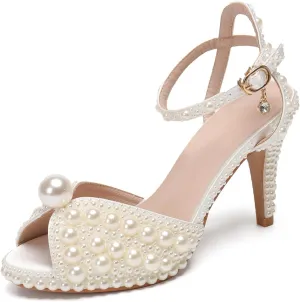 Minishion Womens Platform Wedding Shoes Slingback High Heel Party Evening Sandals with Pearl