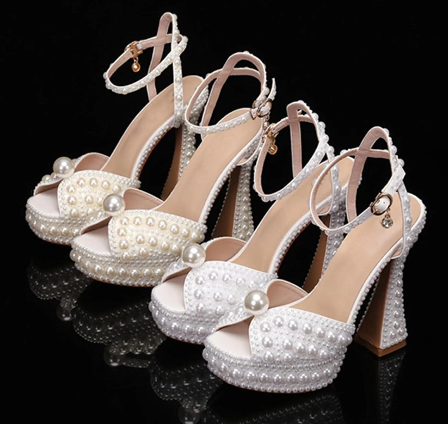 Minishion Womens Platform Wedding Shoes Slingback High Heel Party Evening Sandals with Pearl