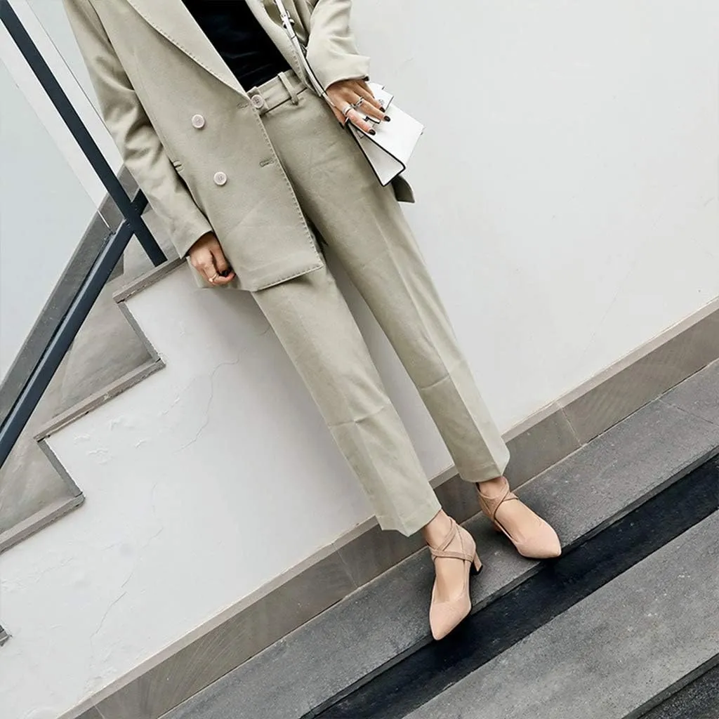 MIOKE Women's Pointed Toe Chunky Mid Block Heel Pumps Suede Comfy Cross Strap Mary Jane Elegant Dress Shoes