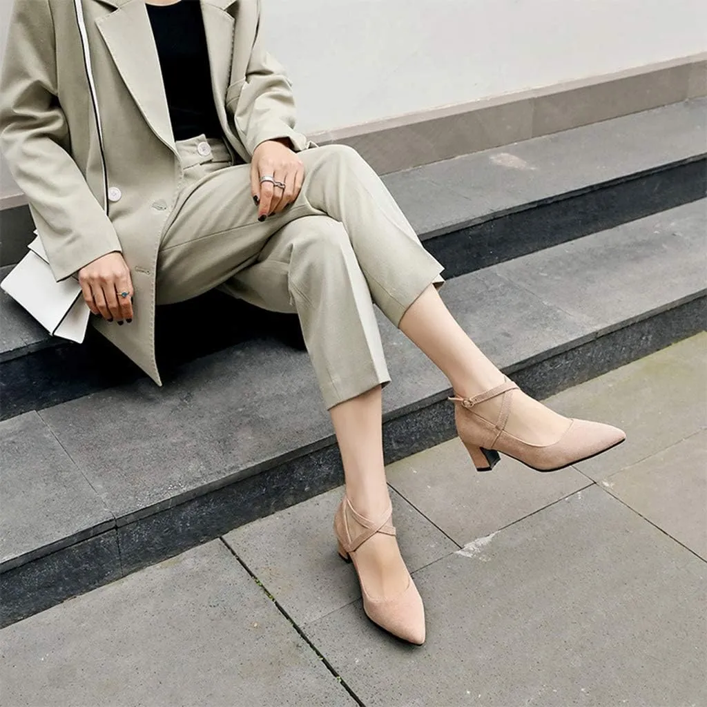 MIOKE Women's Pointed Toe Chunky Mid Block Heel Pumps Suede Comfy Cross Strap Mary Jane Elegant Dress Shoes