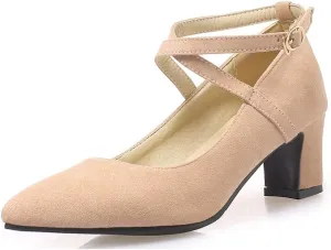 MIOKE Women's Pointed Toe Chunky Mid Block Heel Pumps Suede Comfy Cross Strap Mary Jane Elegant Dress Shoes