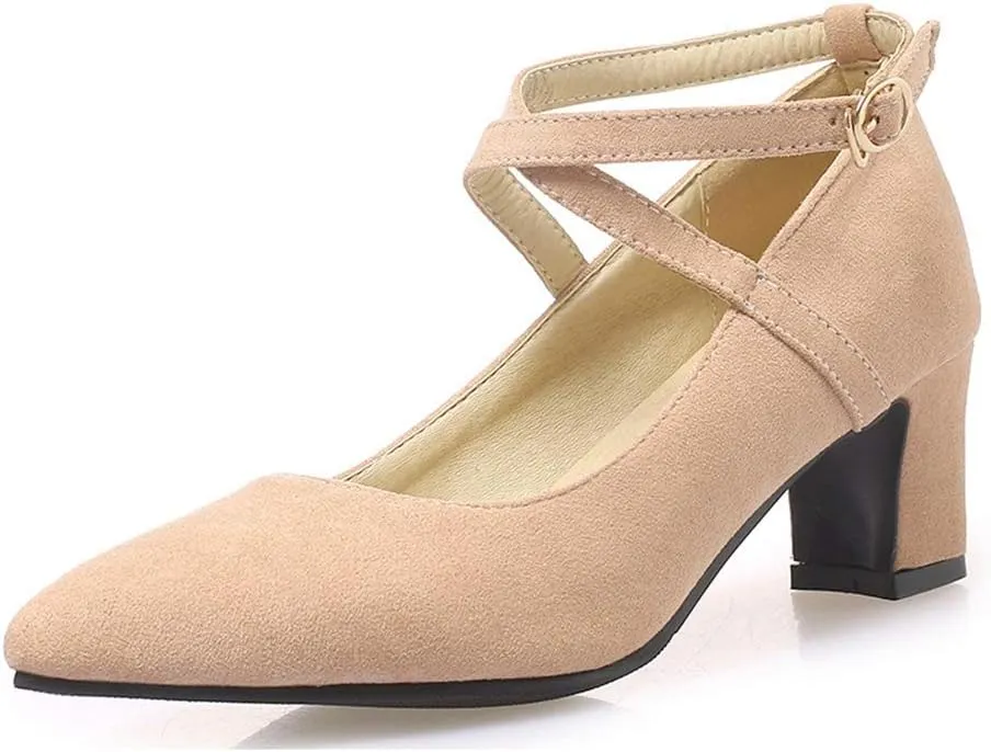 MIOKE Women's Pointed Toe Chunky Mid Block Heel Pumps Suede Comfy Cross Strap Mary Jane Elegant Dress Shoes
