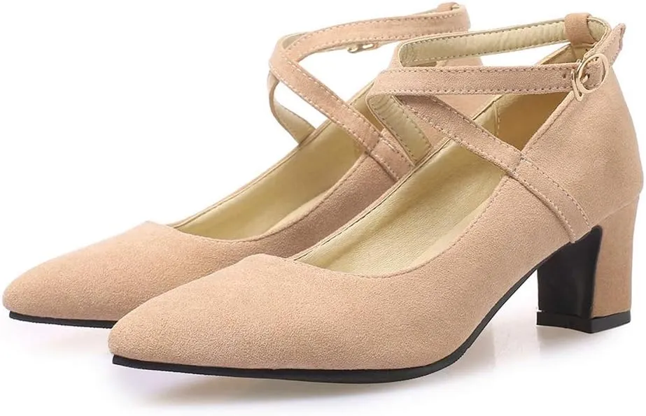 MIOKE Women's Pointed Toe Chunky Mid Block Heel Pumps Suede Comfy Cross Strap Mary Jane Elegant Dress Shoes