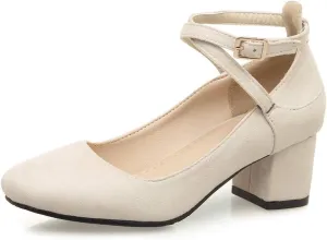 MIOKE Women's Square Toe Chunky Mid Block Heel Pumps Suede Comfort Cross Strap Elegant Mary Jane Dress Shoes