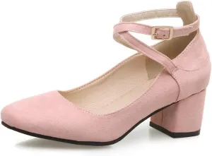MIOKE Women's Square Toe Chunky Mid Block Heel Pumps Suede Comfort Cross Strap Elegant Mary Jane Dress Shoes