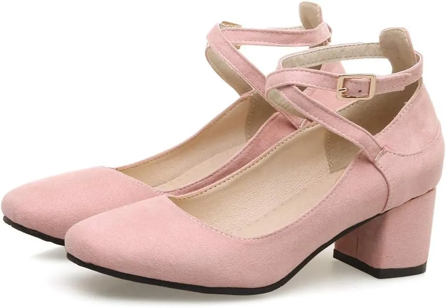 MIOKE Women's Square Toe Chunky Mid Block Heel Pumps Suede Comfort Cross Strap Elegant Mary Jane Dress Shoes