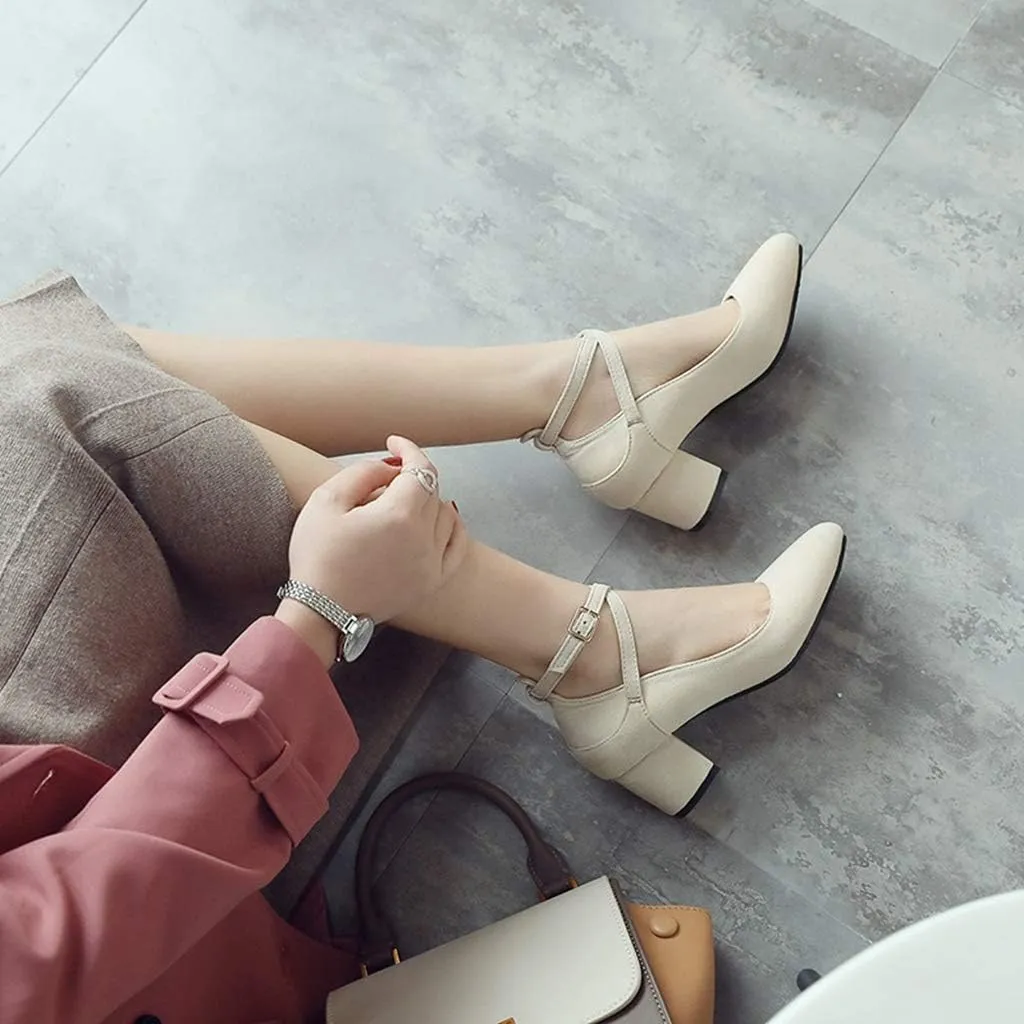 MIOKE Women's Square Toe Chunky Mid Block Heel Pumps Suede Comfort Cross Strap Elegant Mary Jane Dress Shoes