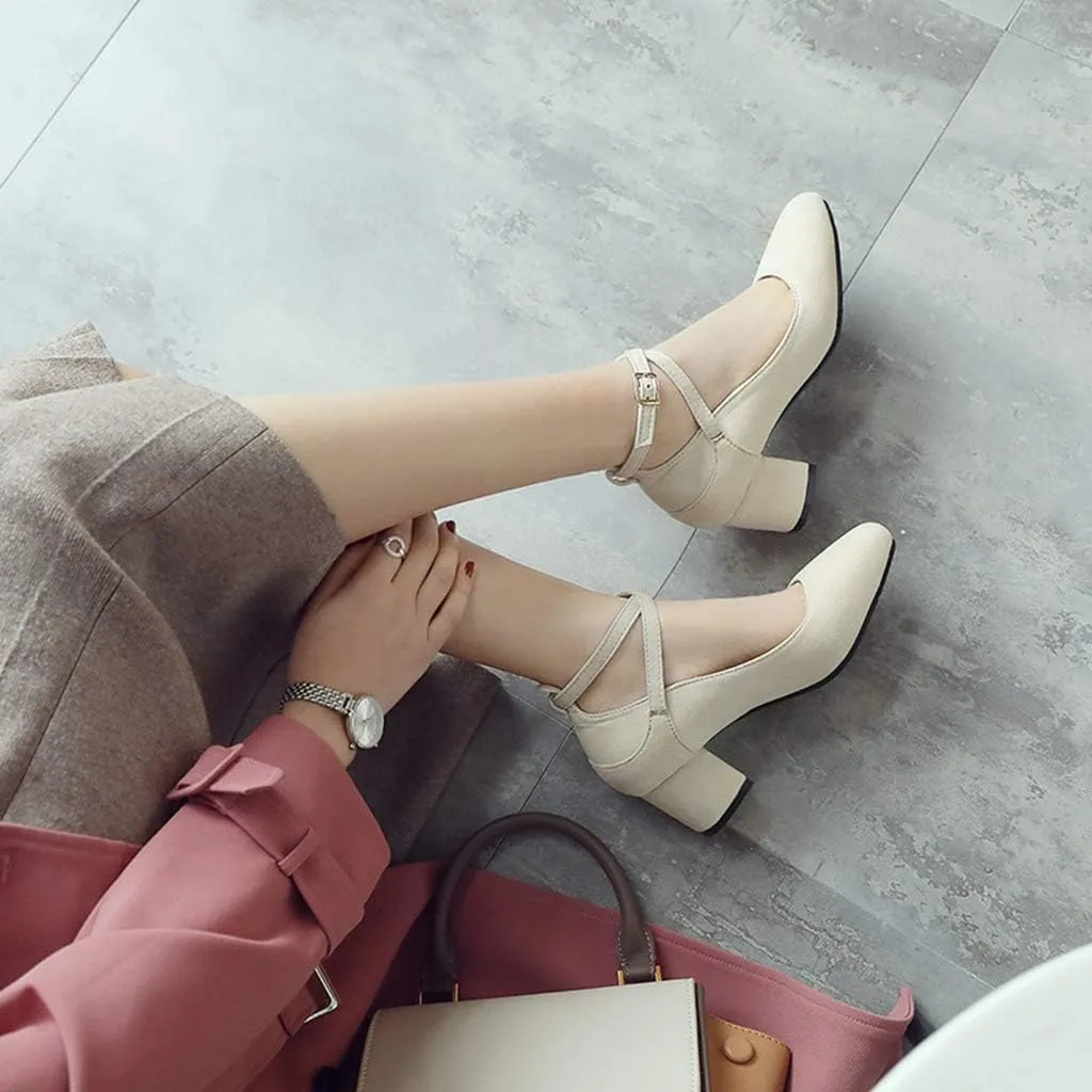 MIOKE Women's Square Toe Chunky Mid Block Heel Pumps Suede Comfort Cross Strap Elegant Mary Jane Dress Shoes
