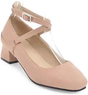 MIOKE Women's Square Toe Chunky Mid Block Heel Pumps Suede Cross Strap Comfort Mary Jane Elegant Dress Shoes
