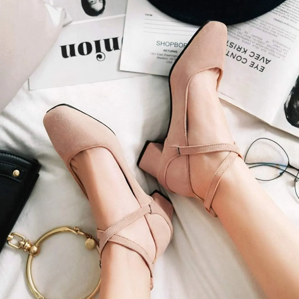MIOKE Women's Square Toe Chunky Mid Block Heel Pumps Suede Cross Strap Comfort Mary Jane Elegant Dress Shoes