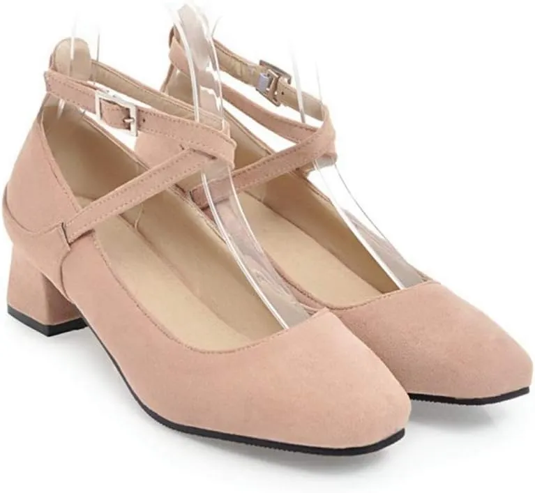 MIOKE Women's Square Toe Chunky Mid Block Heel Pumps Suede Cross Strap Comfort Mary Jane Elegant Dress Shoes