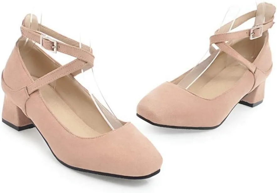 MIOKE Women's Square Toe Chunky Mid Block Heel Pumps Suede Cross Strap Comfort Mary Jane Elegant Dress Shoes