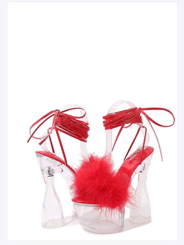 MissHeel Lace Up Crystal Clear Platform Chunky Heels