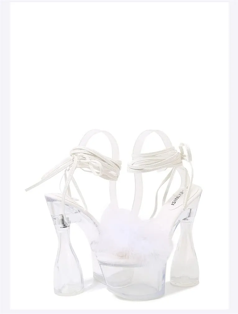 MissHeel Lace Up Crystal Clear Platform Chunky Heels