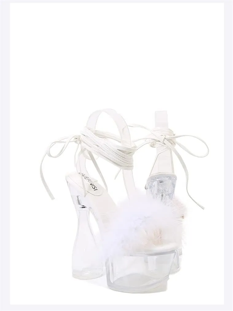 MissHeel Lace Up Crystal Clear Platform Chunky Heels