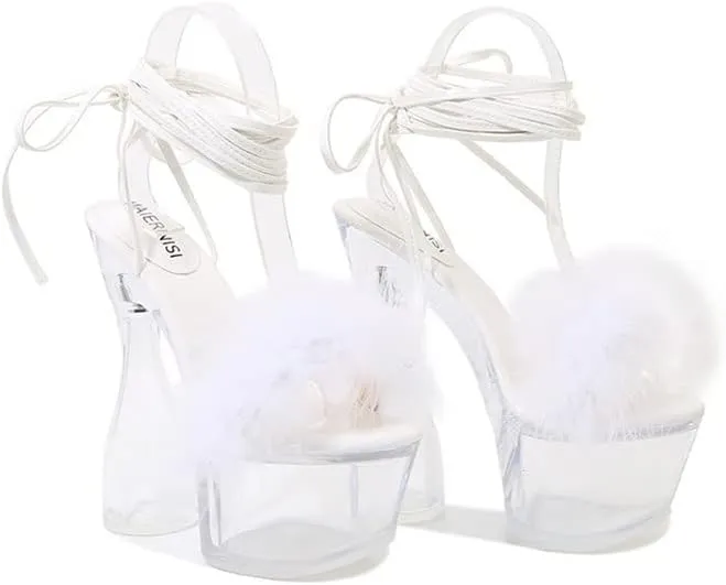 MissHeel Lace Up Crystal Clear Platform Chunky Heels