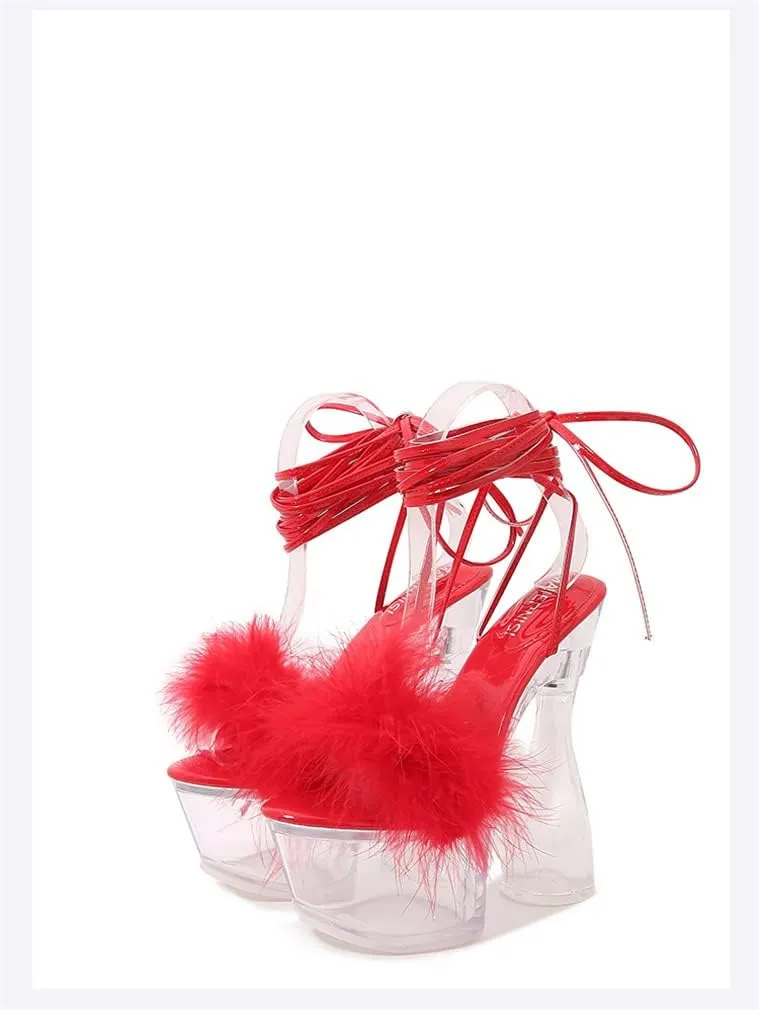 MissHeel Lace Up Crystal Clear Platform Chunky Heels