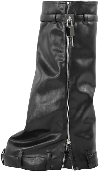 MissHeel Padlock Fold Over Platform Denim Knee High Boots