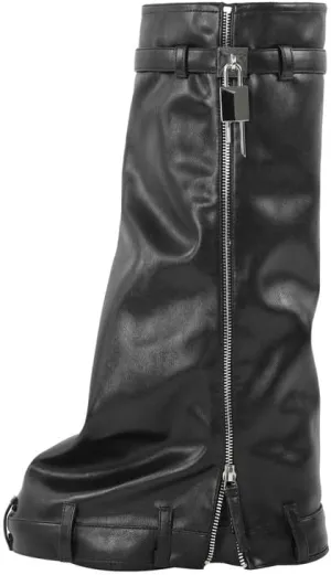 MissHeel Padlock Fold Over Platform Denim Knee High Boots