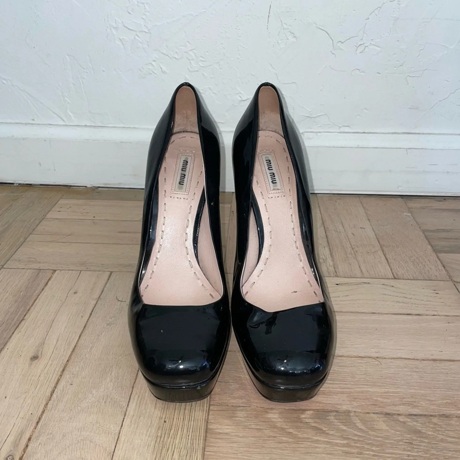 Miu Miu Prada Patent Leather Square Toe Platform Pump Heels (W10)