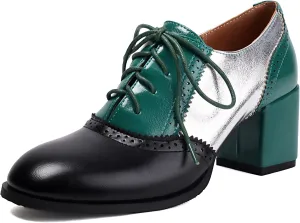 Mixed Colors Vintage Oxfords Lace Up Classic Sewing Brogue for Women Block LowHeel Round Toe Mary Jane