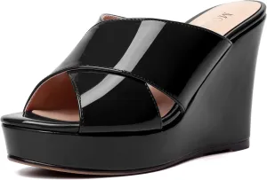 MODENCOCO Womens Casual Open Toe Heels Patent Slip On Platform Party Sexy Wedge High Heel Heeled Sandals 4 Inch