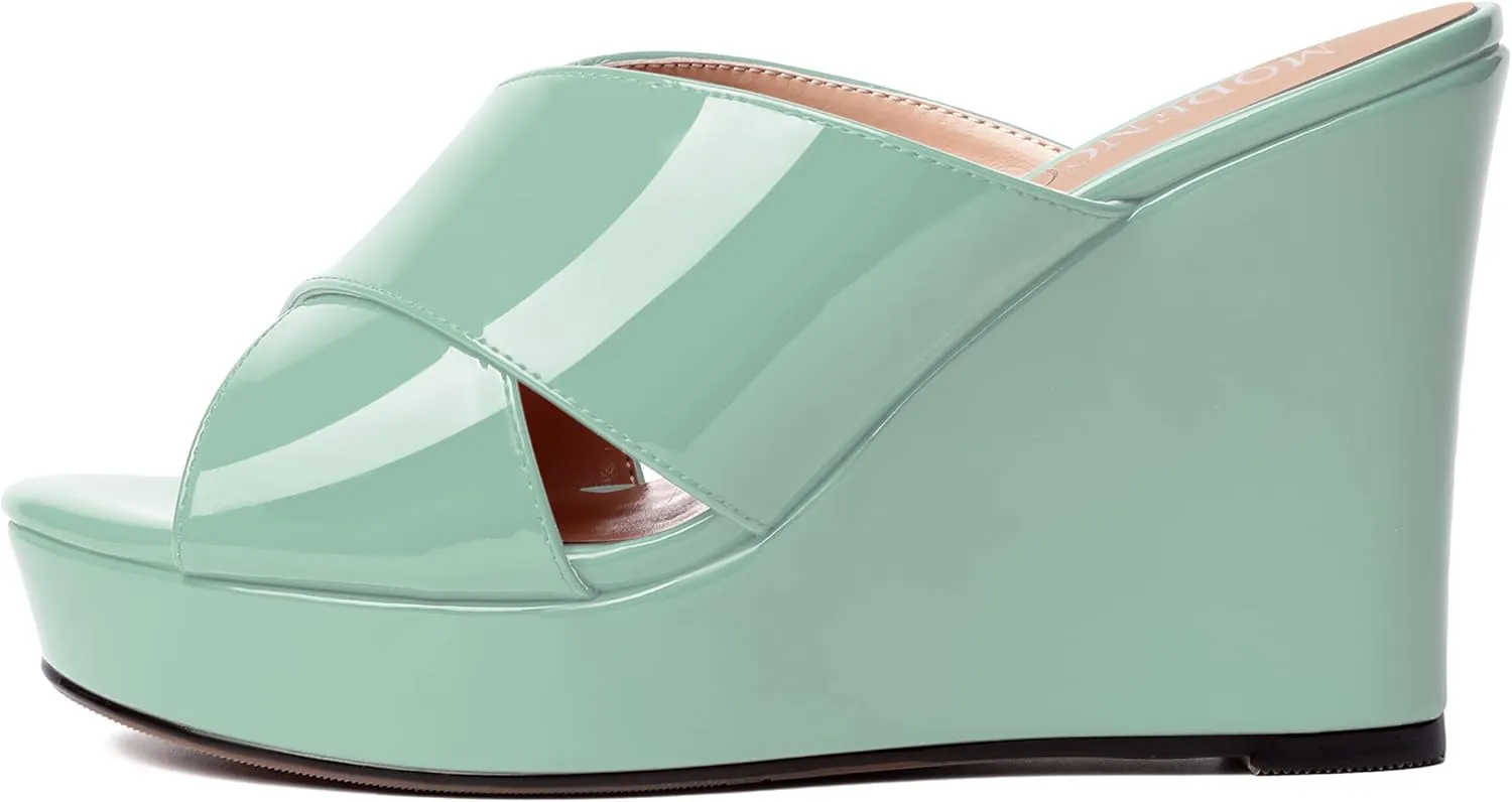 MODENCOCO Womens Casual Open Toe Heels Patent Slip On Platform Party Sexy Wedge High Heel Heeled Sandals 4 Inch