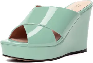MODENCOCO Womens Casual Open Toe Heels Patent Slip On Platform Party Sexy Wedge High Heel Heeled Sandals 4 Inch