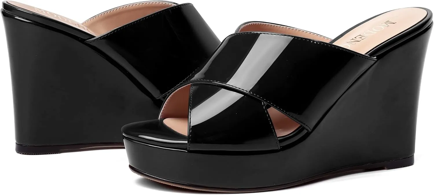 MODENCOCO Womens Casual Open Toe Heels Patent Slip On Platform Party Sexy Wedge High Heel Heeled Sandals 4 Inch