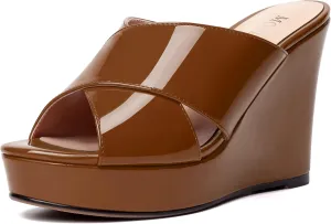 MODENCOCO Womens Casual Open Toe Heels Patent Slip On Platform Party Sexy Wedge High Heel Heeled Sandals 4 Inch