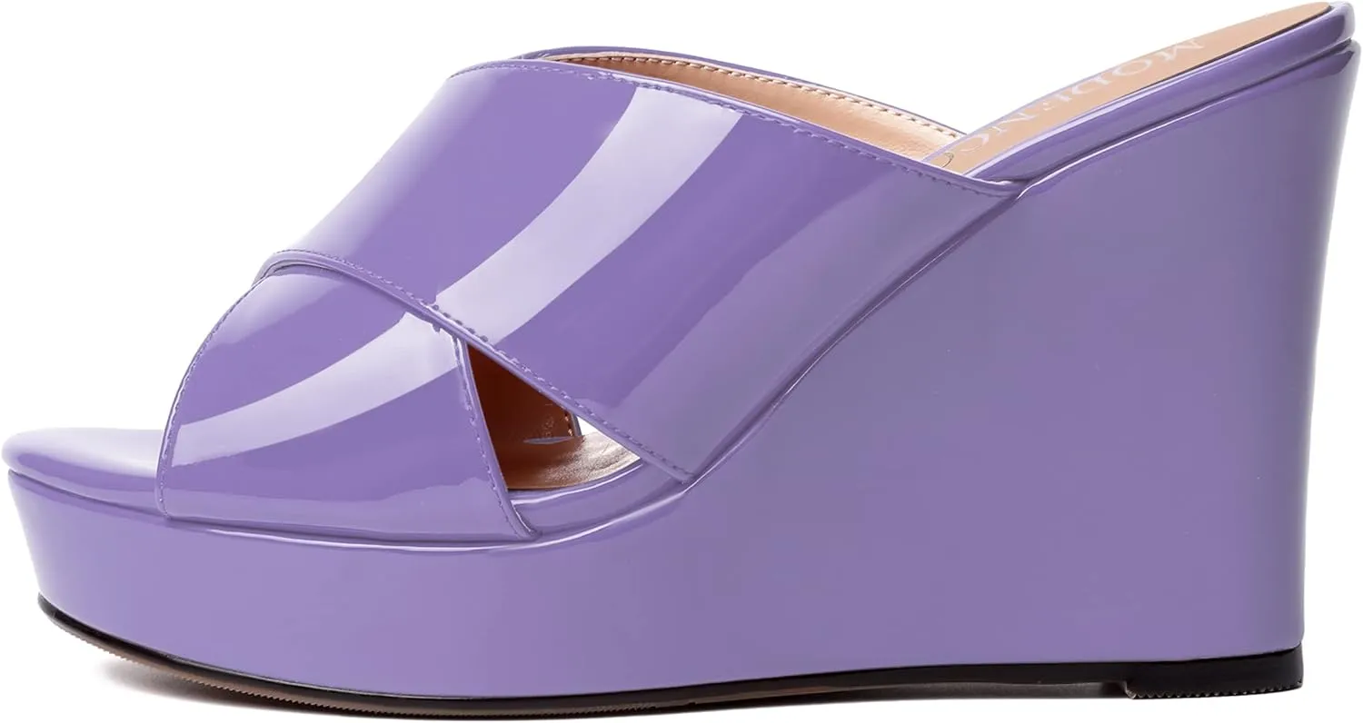 MODENCOCO Womens Casual Open Toe Heels Patent Slip On Platform Party Sexy Wedge High Heel Heeled Sandals 4 Inch