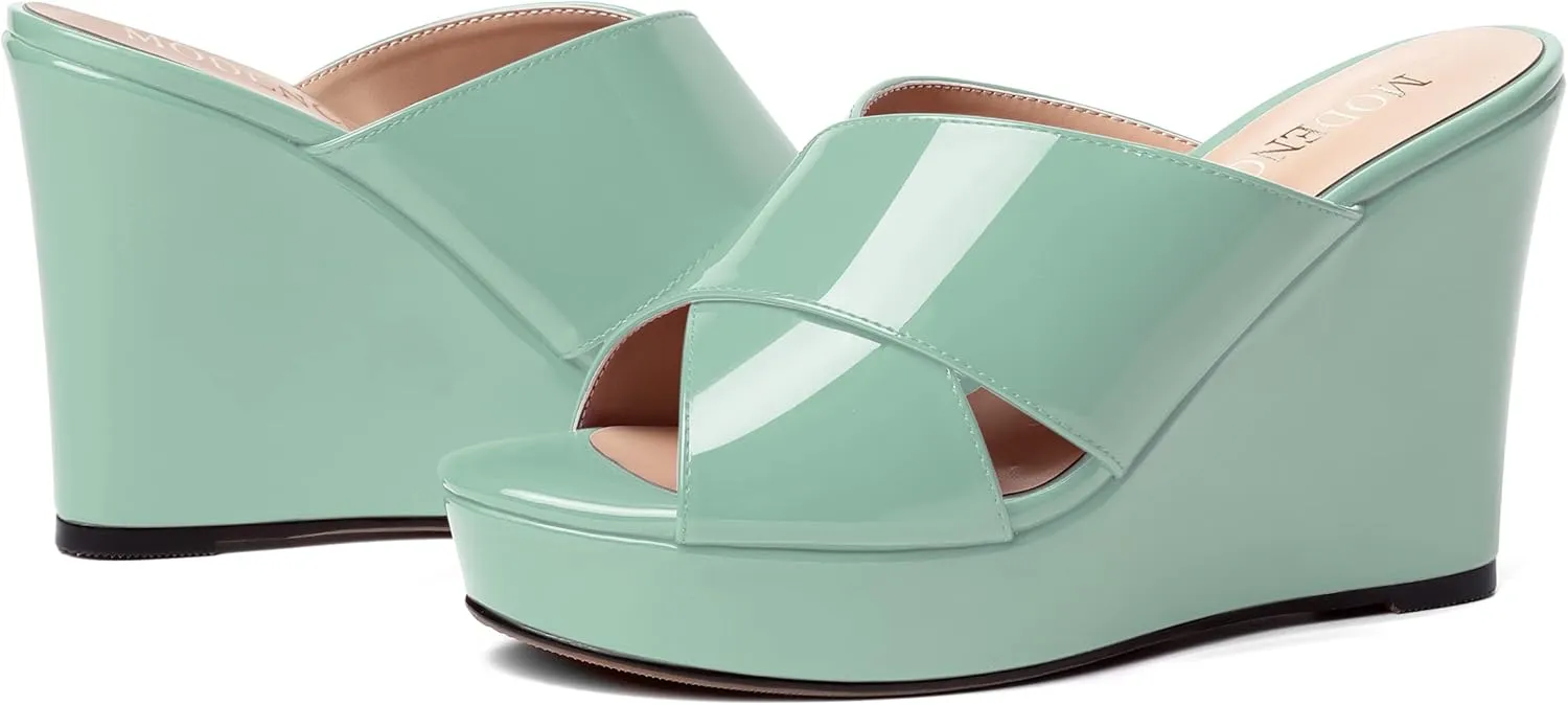 MODENCOCO Womens Casual Open Toe Heels Patent Slip On Platform Party Sexy Wedge High Heel Heeled Sandals 4 Inch