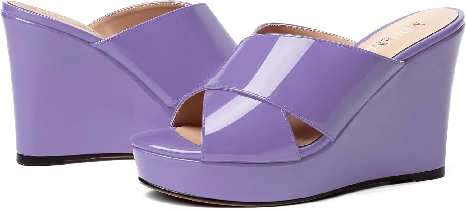 MODENCOCO Womens Casual Open Toe Heels Patent Slip On Platform Party Sexy Wedge High Heel Heeled Sandals 4 Inch