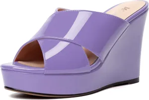 MODENCOCO Womens Casual Open Toe Heels Patent Slip On Platform Party Sexy Wedge High Heel Heeled Sandals 4 Inch