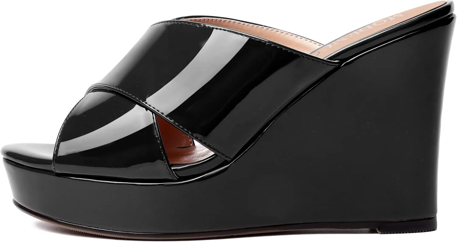 MODENCOCO Womens Casual Open Toe Heels Patent Slip On Platform Party Sexy Wedge High Heel Heeled Sandals 4 Inch