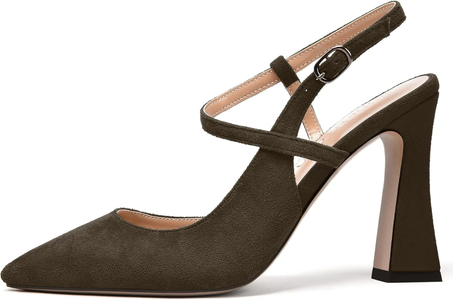 MODENCOCO Womens Fashion Night Club Ankle Strap Sexy Suede Buckle Pointed Toe Block High Heel Pumps Shoes 4 Inch