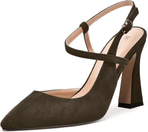 MODENCOCO Womens Fashion Night Club Ankle Strap Sexy Suede Buckle Pointed Toe Block High Heel Pumps Shoes 4 Inch