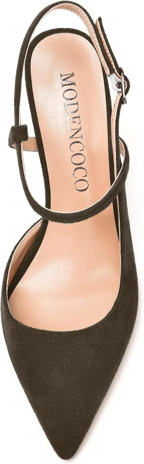 MODENCOCO Womens Fashion Night Club Ankle Strap Sexy Suede Buckle Pointed Toe Block High Heel Pumps Shoes 4 Inch