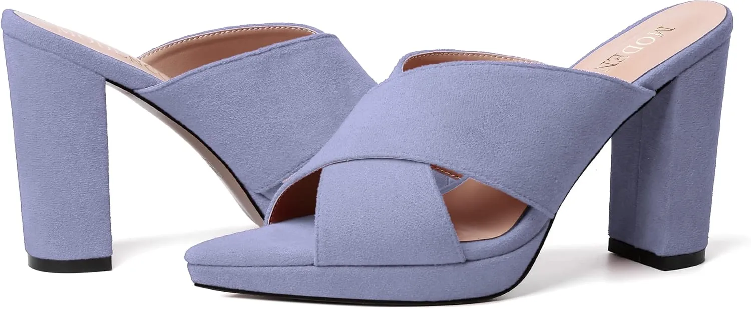 MODENCOCO Womens Sexy Evening Open Toe Slip On Platform Slide Suede Block High Heel Heeled Sandals 4 Inch