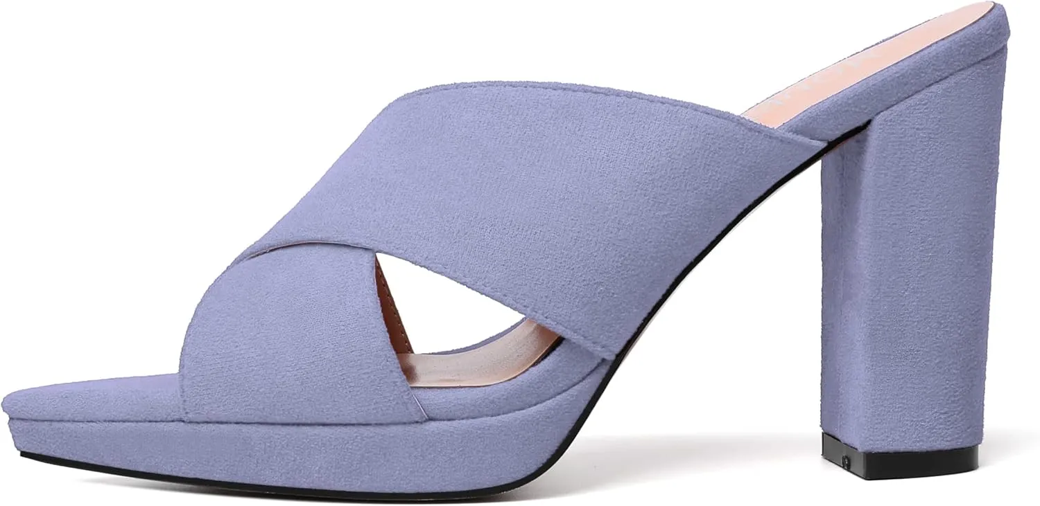 MODENCOCO Womens Sexy Evening Open Toe Slip On Platform Slide Suede Block High Heel Heeled Sandals 4 Inch