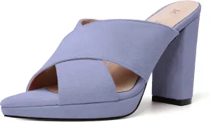 MODENCOCO Womens Sexy Evening Open Toe Slip On Platform Slide Suede Block High Heel Heeled Sandals 4 Inch