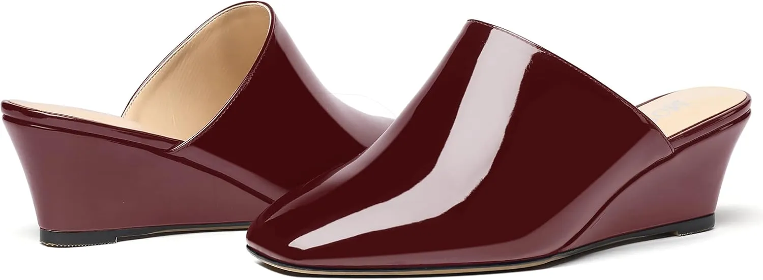 MODENCOCO Women's Slip On Comfortable Patent Dating Casual Square Toe Wedge Low Heel Mules Shoes 2 Inch