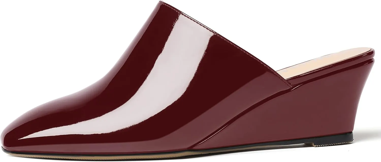 MODENCOCO Women's Slip On Comfortable Patent Dating Casual Square Toe Wedge Low Heel Mules Shoes 2 Inch
