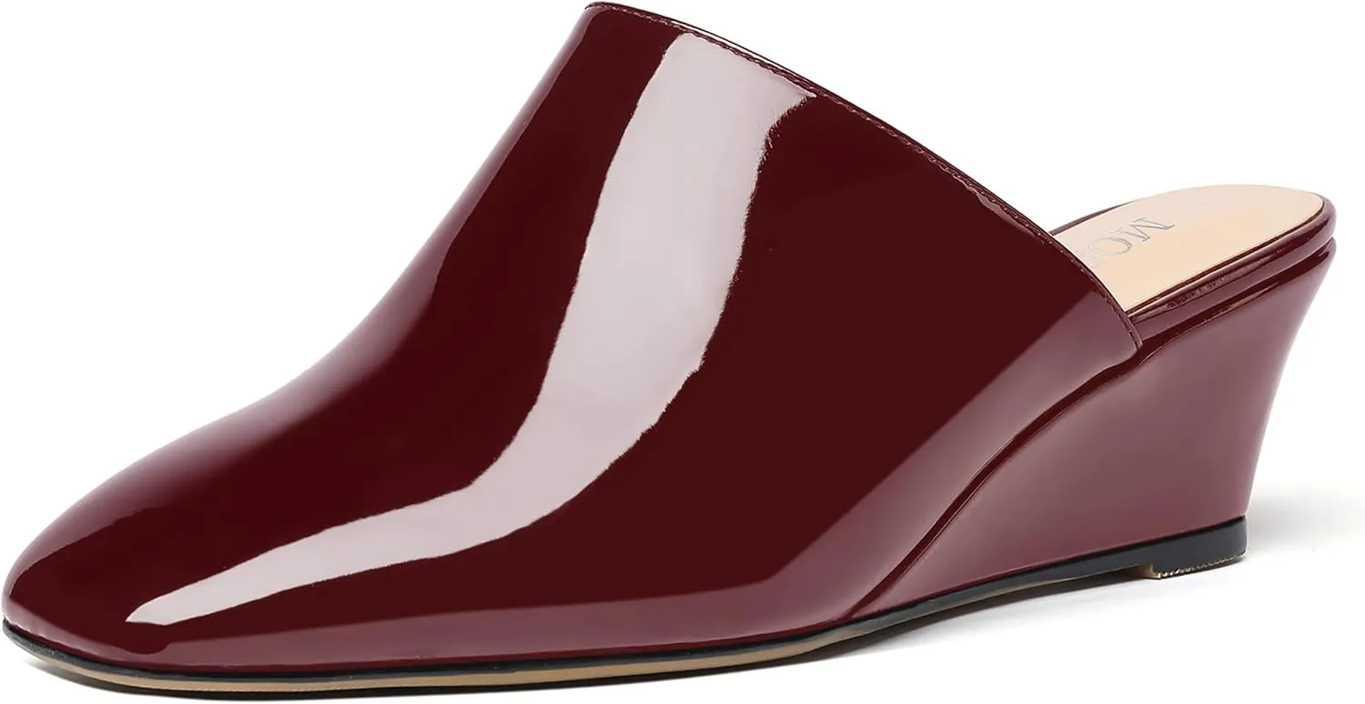 MODENCOCO Women's Slip On Comfortable Patent Dating Casual Square Toe Wedge Low Heel Mules Shoes 2 Inch